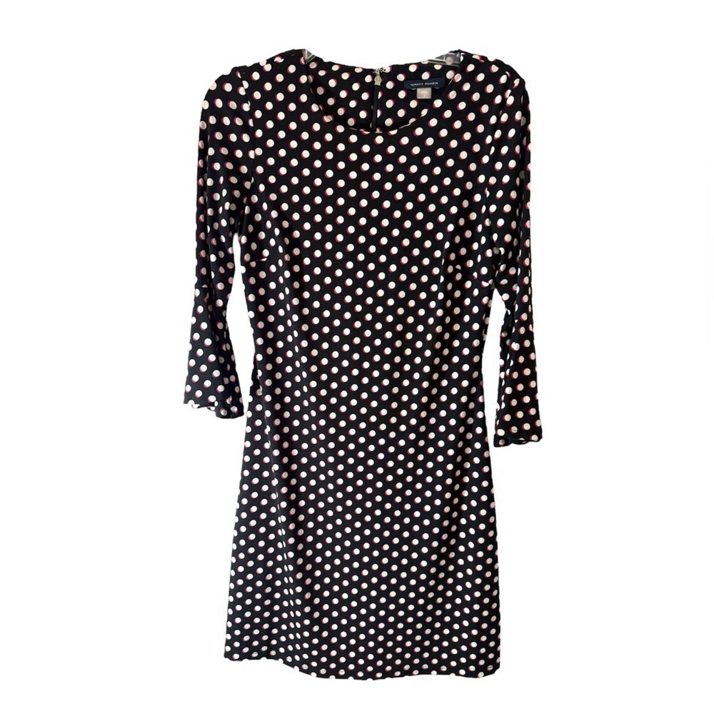 Tommy Hilfiger Polka Dot Bell Sleeve Sheath Midi Dress Black White Size 2